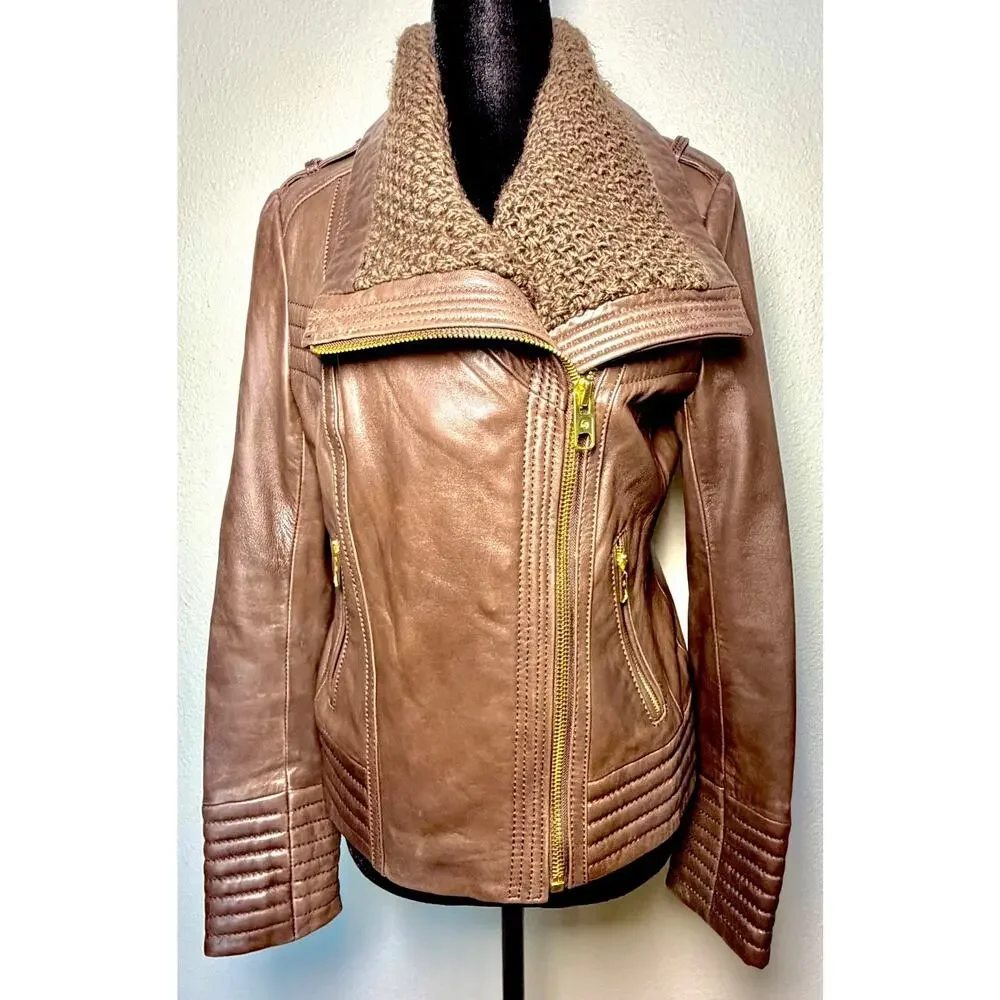 MK Michael Kors Brown Genuine Leather Moto Jacket Asymmetric Zip Knit Coll